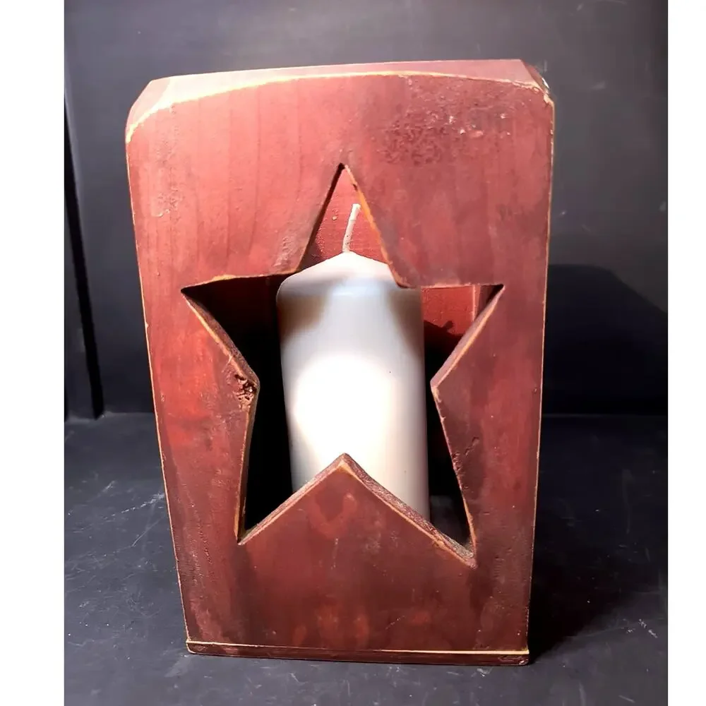 2000.  Rustic Red Wooden Lantern Candle Box Primitive Folk Art Star Cut Out